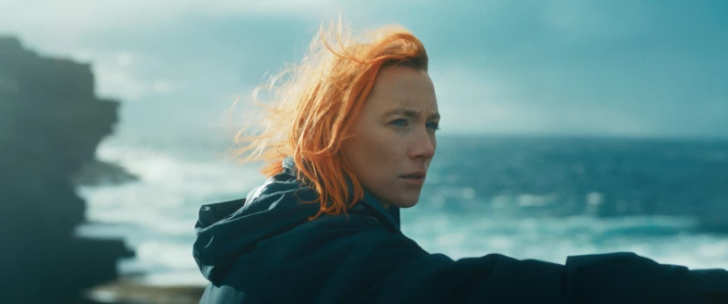Filmstill "The Outrun", eine Frau sitzt am Meer und guckt an der Kamera vorbei